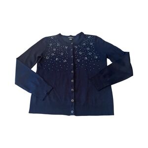 Esperanza Womans‎ L Black Dainty Silver Sequin Floral Lightweight Cardigan